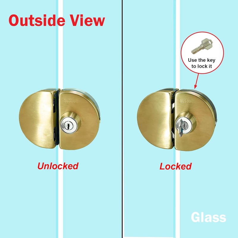 KS Hardware Stainless Steel 304 Grade Anti-Theft Security Double or Single Glass Door Lock with Keys Suitable for 10mm-12mm Glass Thickness - No Drill Holes Needed (Satin Gold) - Image 4